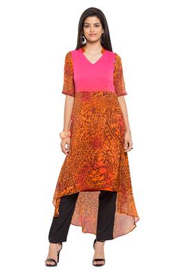 Orange Printed Georgette Stitched Long Kurti 1