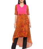 Orange Printed Georgette Stitched Long Kurti