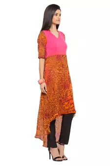 Orange Printed Georgette Stitched Long Kurti