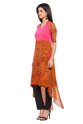 Orange Printed Georgette Stitched Long Kurti 4