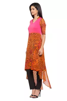 Orange Printed Georgette Stitched Long Kurti