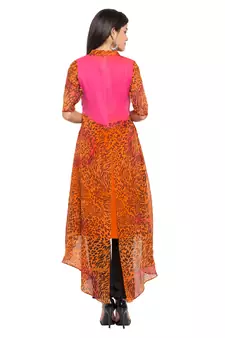 Orange Printed Georgette Stitched Long Kurti