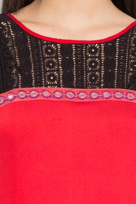 Red Plain Cotton Stitched Long Kurti 6