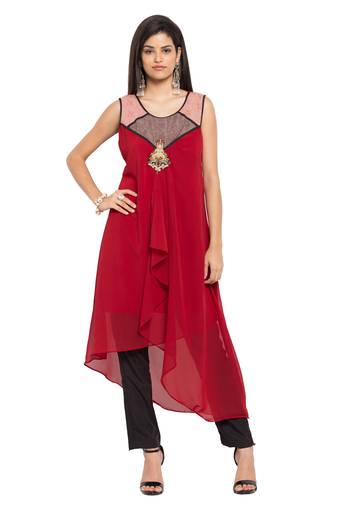 Red Embroidered Georgette Stitched Long Kurti