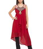Red Embroidered Georgette Stitched Long Kurti