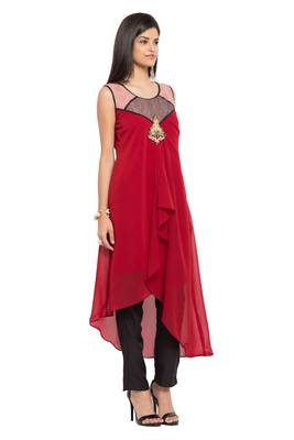 Red Embroidered Georgette Stitched Long Kurti 3