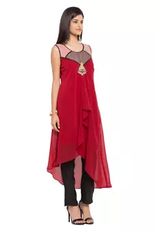 Red Embroidered Georgette Stitched Long Kurti
