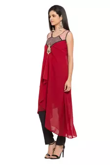 Red Embroidered Georgette Stitched Long Kurti