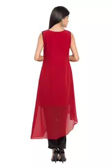 Red Embroidered Georgette Stitched Long Kurti