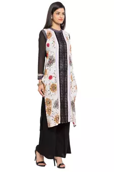 White Printed Cotton Stitched Long Kurti