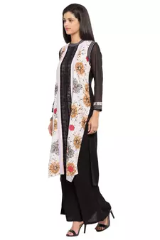 White Printed Cotton Stitched Long Kurti