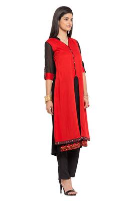 Red Plain Cotton Stitched Long Kurti 3