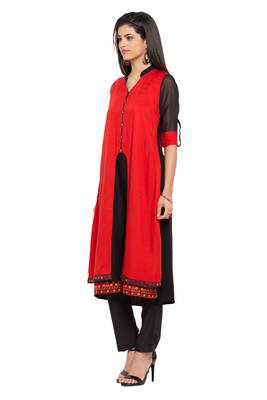 Red Plain Cotton Stitched Long Kurti 4