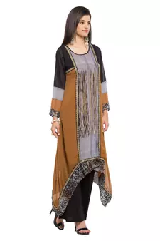 Brown Printed Georgette Stitched Long Kurti