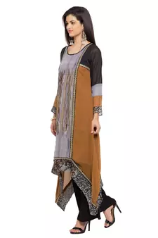 Brown Printed Georgette Stitched Long Kurti