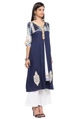 Blue Embroidered Cotton Stitched Long Kurti 3