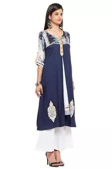 Blue Embroidered Cotton Stitched Long Kurti