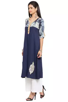 Blue Embroidered Cotton Stitched Long Kurti