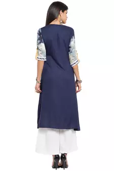 Blue Embroidered Cotton Stitched Long Kurti