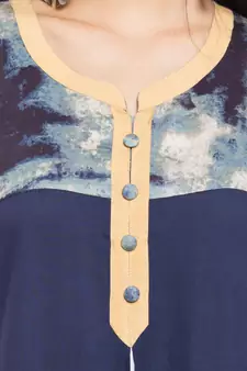 Blue Embroidered Cotton Stitched Long Kurti