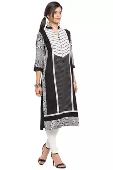 Black Printed Cotton Stitched Long Kurti