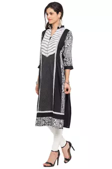Black Printed Cotton Stitched Long Kurti