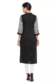 Black Printed Cotton Stitched Long Kurti