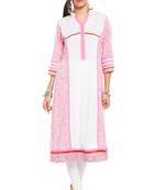 White Printed Cotton Stitched Long Kurtis