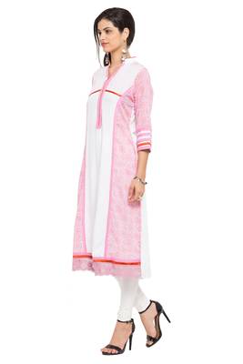White Printed Cotton Stitched Long Kurtis 4