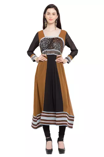 Brown Printed Georgette Stitched Long Kurti