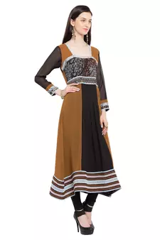 Brown Printed Georgette Stitched Long Kurti