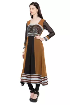 Brown Printed Georgette Stitched Long Kurti