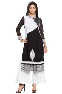 Black Embroidered Cotton Stitched Long Kurti 1