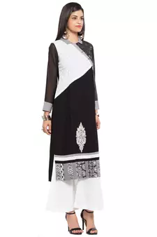Black Embroidered Cotton Stitched Long Kurti