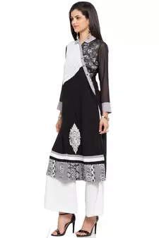 Black Embroidered Cotton Stitched Long Kurti