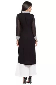 Black Embroidered Cotton Stitched Long Kurti