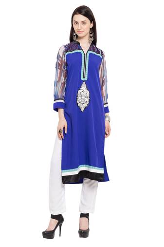 Blue Embroidered Georgette Stitched Long Kurti