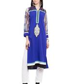 Blue Embroidered Georgette Stitched Long Kurti