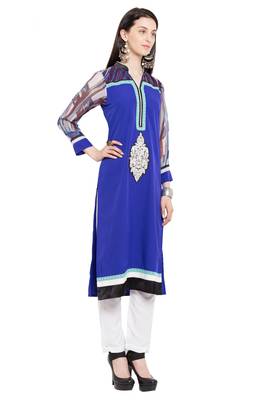 Blue Embroidered Georgette Stitched Long Kurti 3