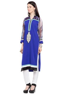 Blue Embroidered Georgette Stitched Long Kurti 4