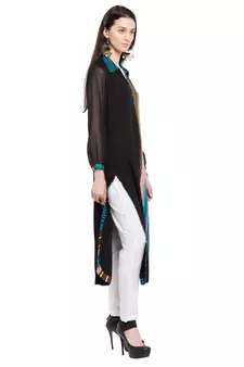 Black Printed Cotton Stitched Long Kurti