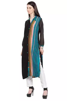 Black Printed Cotton Stitched Long Kurti