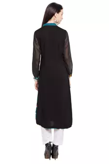 Black Printed Cotton Stitched Long Kurti