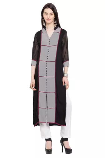Black Printed Georgette Stitched Long Kurti