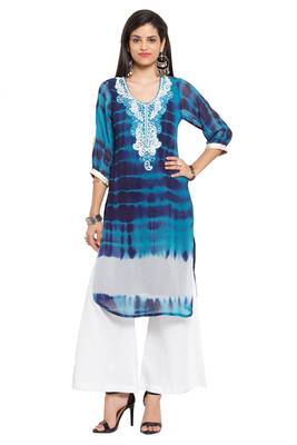 Blue Printed Georgette Stitched Long Kurti 1