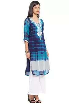 Blue Printed Georgette Stitched Long Kurti