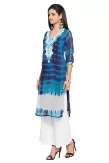 Blue Printed Georgette Stitched Long Kurti