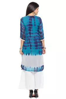 Blue Printed Georgette Stitched Long Kurti