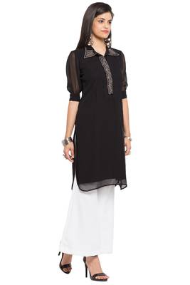 Black Plain Georgette Stitched Long Kurti 3