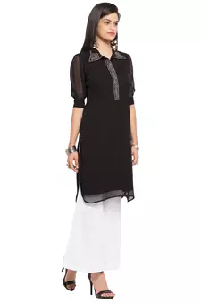 Black Plain Georgette Stitched Long Kurti